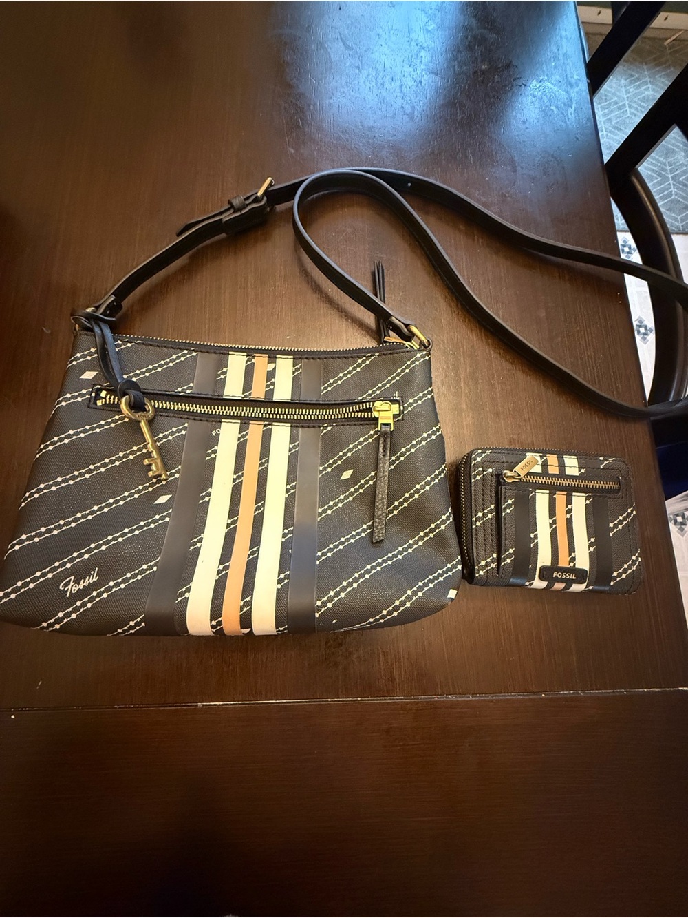 Fossil Black Crossbody Bag with Cream and Tan Stripe Accents